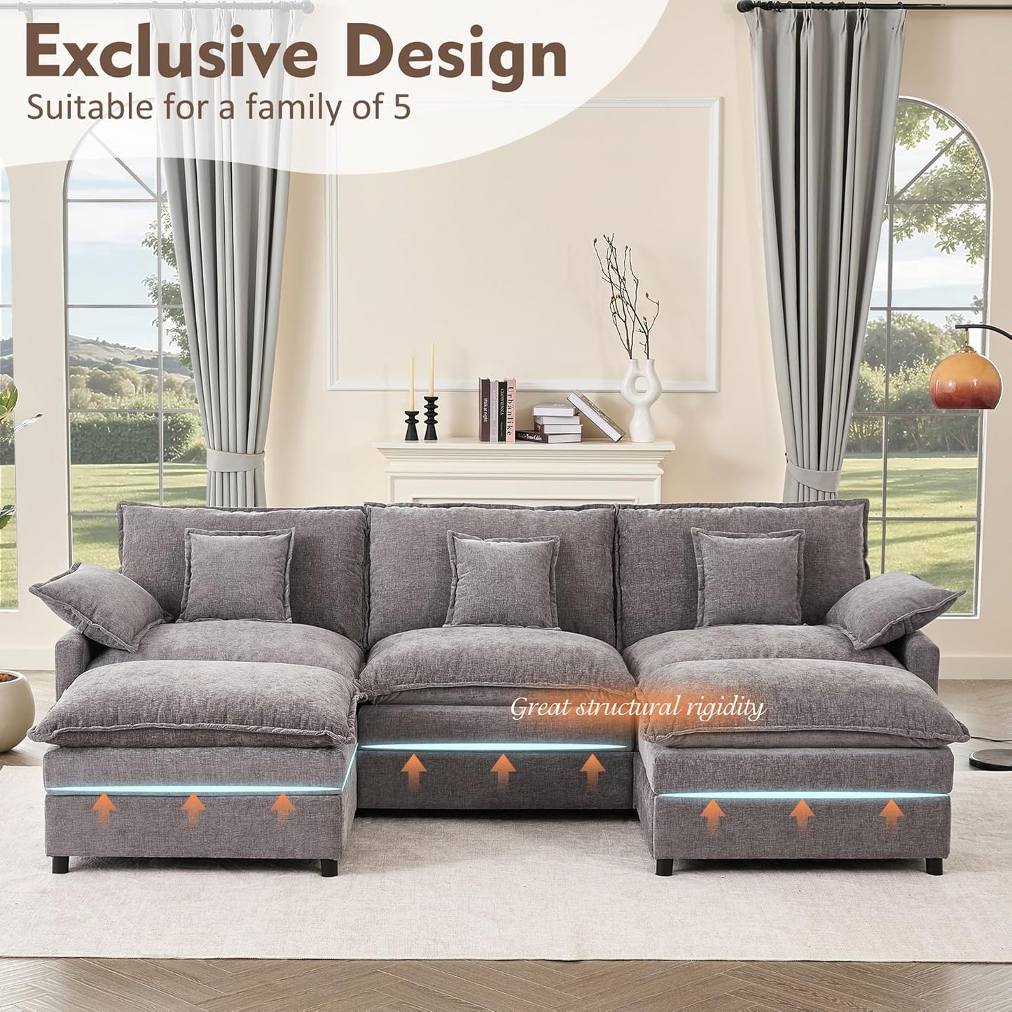 108 Inch U Shape Sofa Sectional Sofa Comfortable Cloud Sofa with Removable Footstool