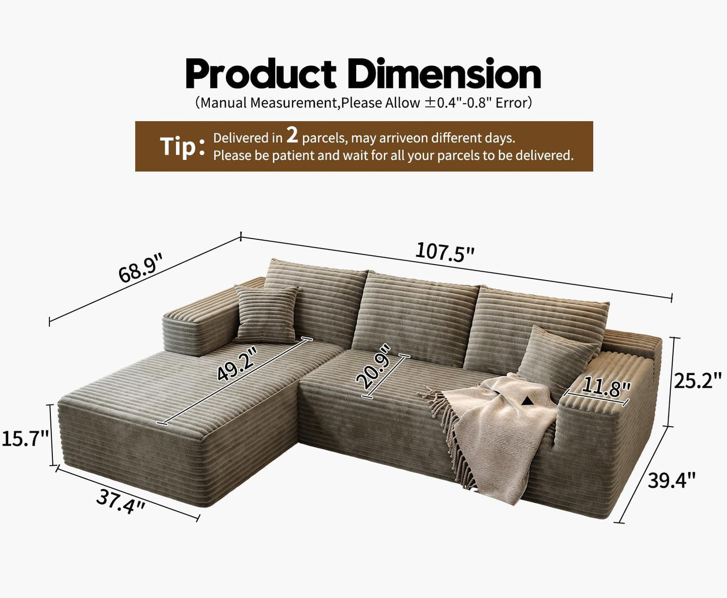 107.5" Cloud Modular Sectional Sofa Couch with L-Shape Chaise,Modern Minimalist Upholstered Couches for Living Room Bedroom,Deep Seat Corner Couch .No Assembly Required (Black,Left Facing Chaise)