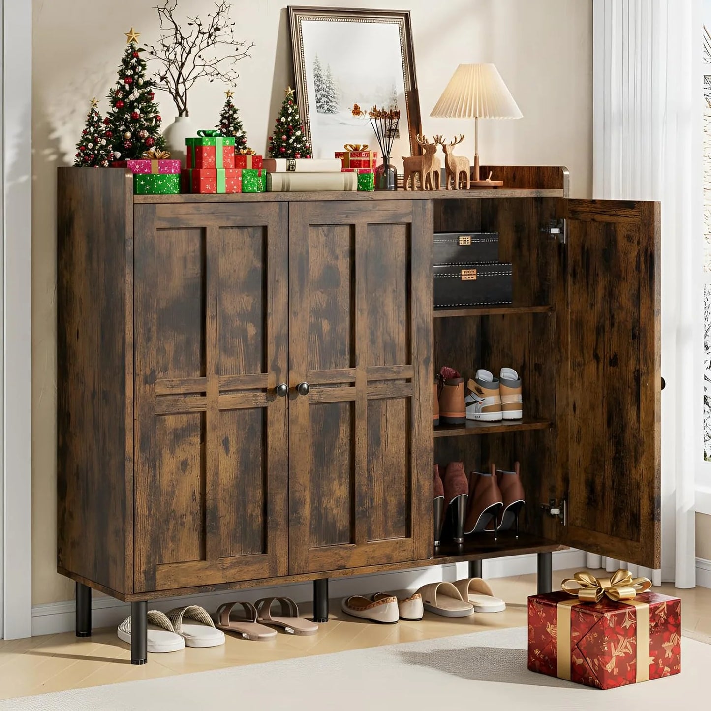 ONBRILL Shoe Cabinet with 3 Doors and Adjustable Shelves, 30 Pairs Shoe Storage Cabinet
