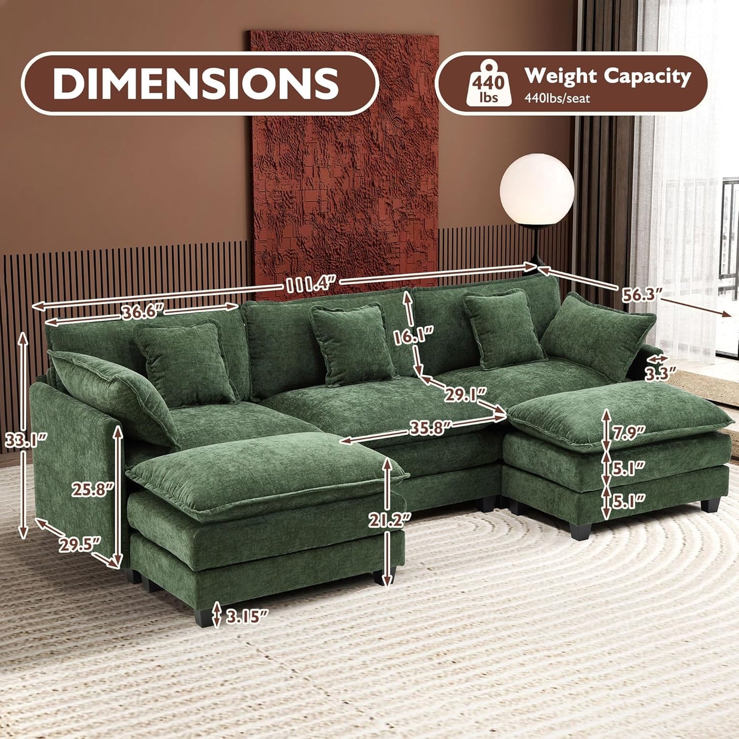 Ihanherry 146" U-Shaped Modern Sofa Modular Sectional Cloud Couch with 2 Ottoman, 6-Seat Chenille Deep Seat Sofa with 6 Pillows for Living Room, Bedroom and Apartment, Grey