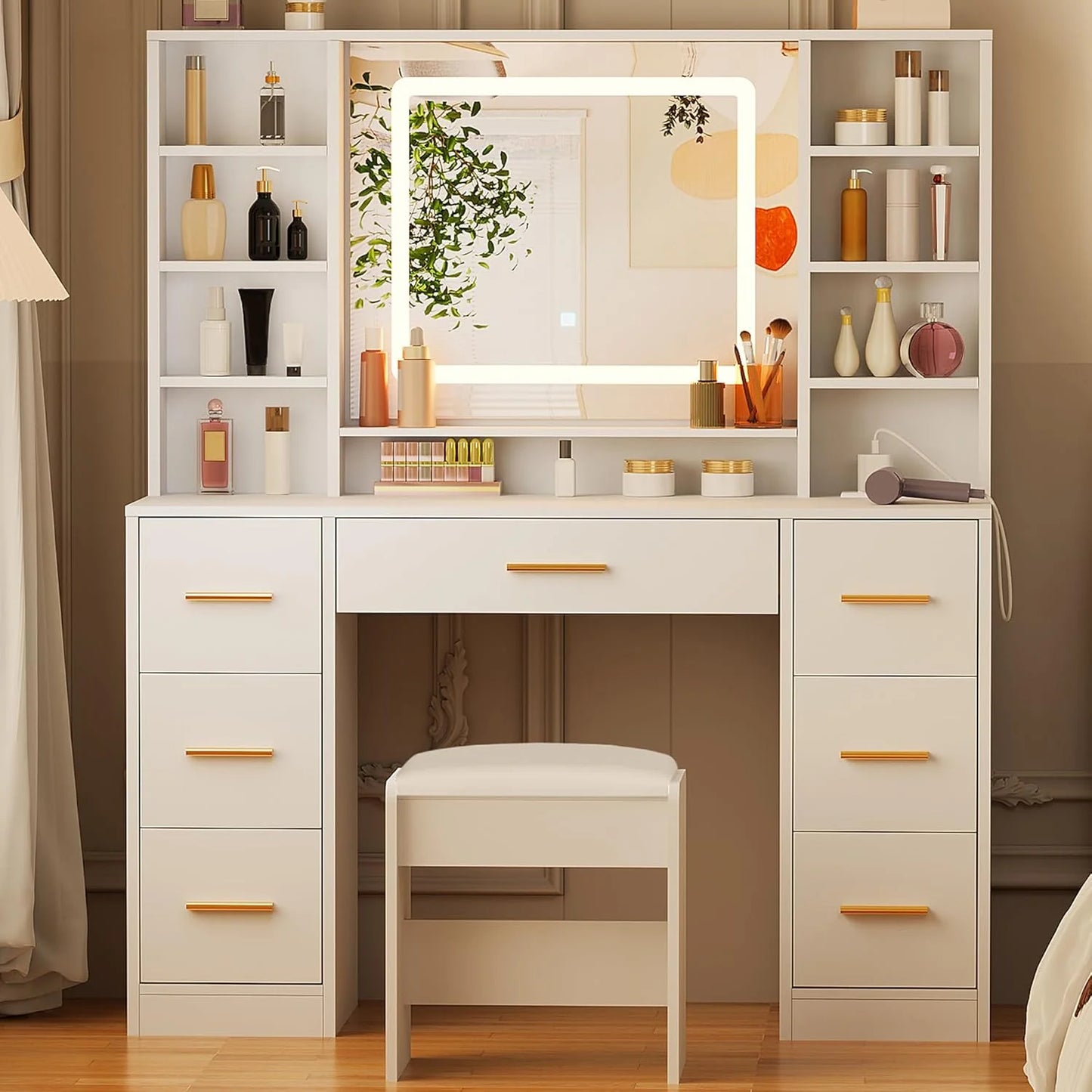 ANWBROAD Vanity Desk Table with Lighted Mirror 39.4 Girls Makeup Vanity