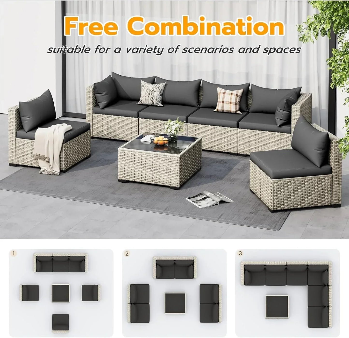 UDPATIO Outdoor Patio Furniture Set 7-Piece PE Wicker Sectional Sofa Outdoor Conversation Set