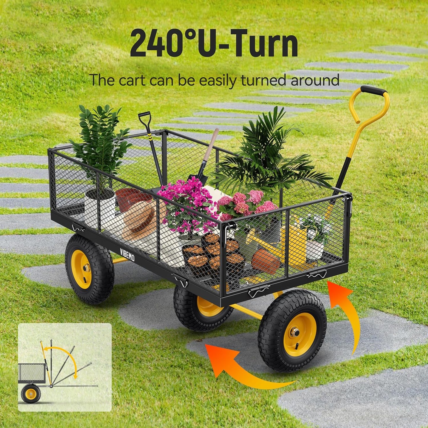 Steel Garden Cart, 2-in-1 1400 lbs Heavy Duty Utility Wagon, with Removable Mesh Sides to Convert into Flatbed, 240 U-Turn 13" Pneumatic Tires Garden Wagon for Farm Yard Lawn Garden Camping