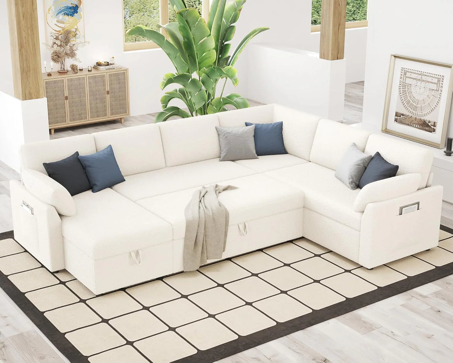 VanAcc Sofa Bed, Sleeper Sofa with Storage Chaise 2 in 1 Pull Out Couch Living Room