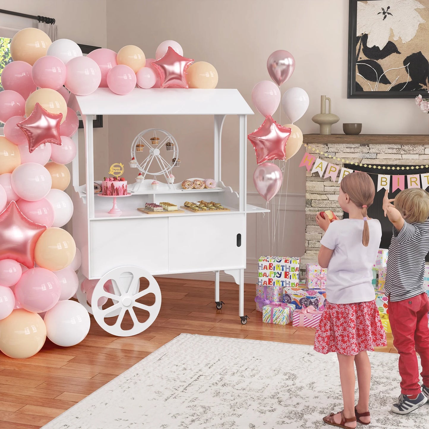 Candy Cart with Wheels for PartyWood Dessert Cart with Storage Cabinet