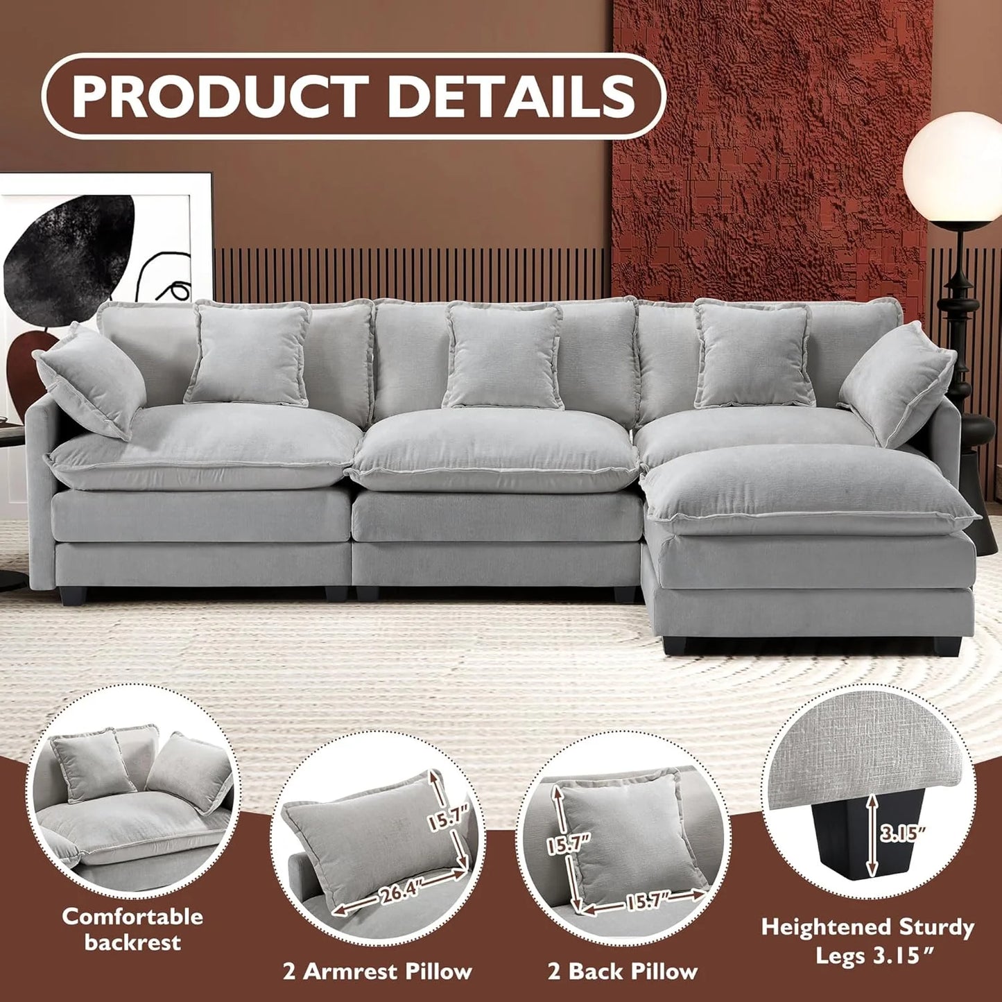 Ihanherry 146" U-Shaped Modern Sofa Modular Sectional Cloud Couch with 2 Ottoman, 6-Seat Chenille Deep Seat Sofa with 6 Pillows for Living Room, Bedroom and Apartment, Grey
