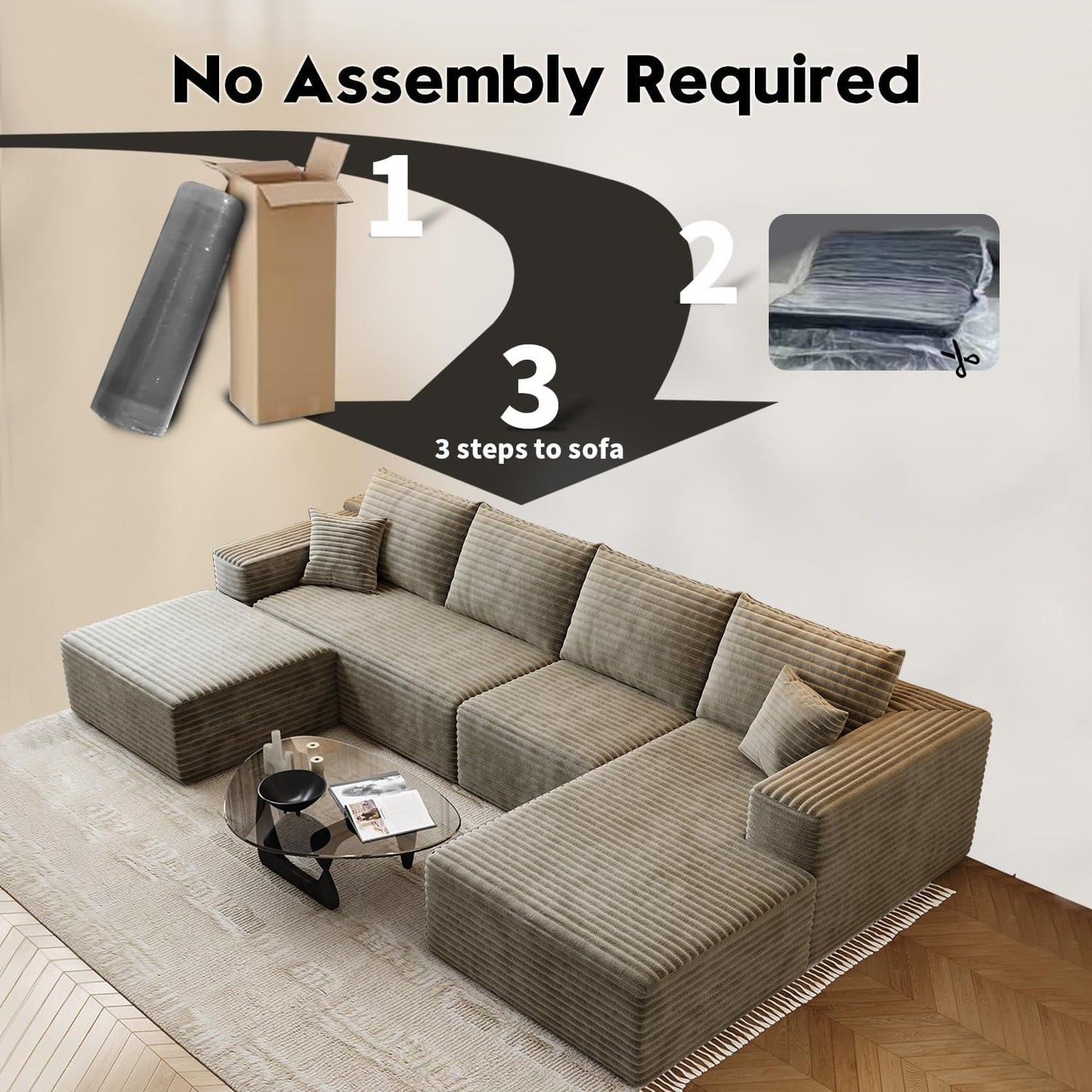 107.5" Cloud Modular Sectional Sofa Couch with L-Shape Chaise,Modern Minimalist Upholstered Couches for Living Room Bedroom,Deep Seat Corner Couch .No Assembly Required (Black,Left Facing Chaise)