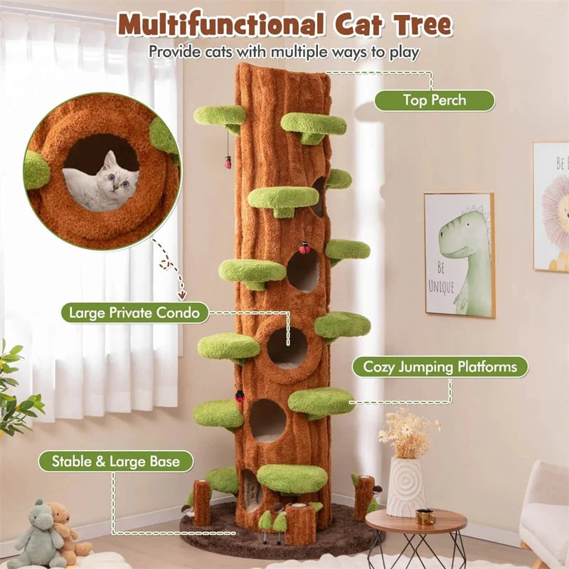 90.5" Tall Luxury Simulation Cat Tree, Modern Realistic Multi-Level Cat Tower w/ 5 Condos & Sisal Scratch Pad, Large Lifelike Indoor Cat Tree