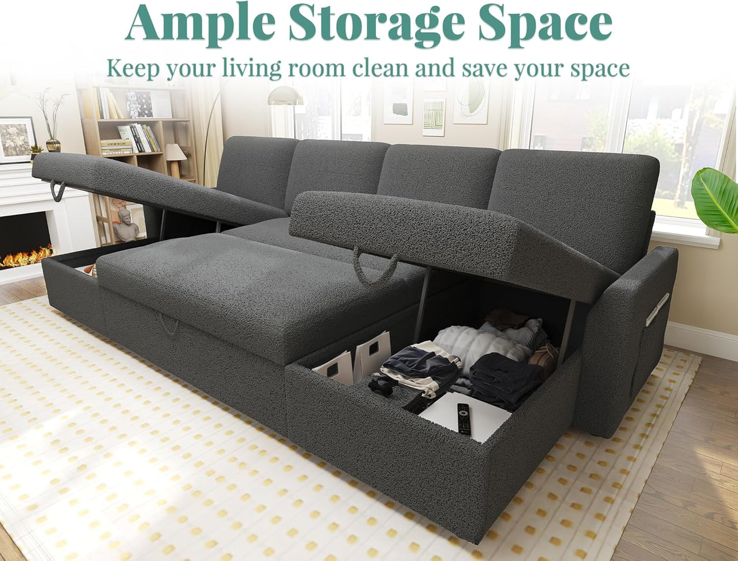 VanAcc Sofa Bed, Sleeper Sofa with Storage Chaise 2 in 1 Pull Out Couch Living Room