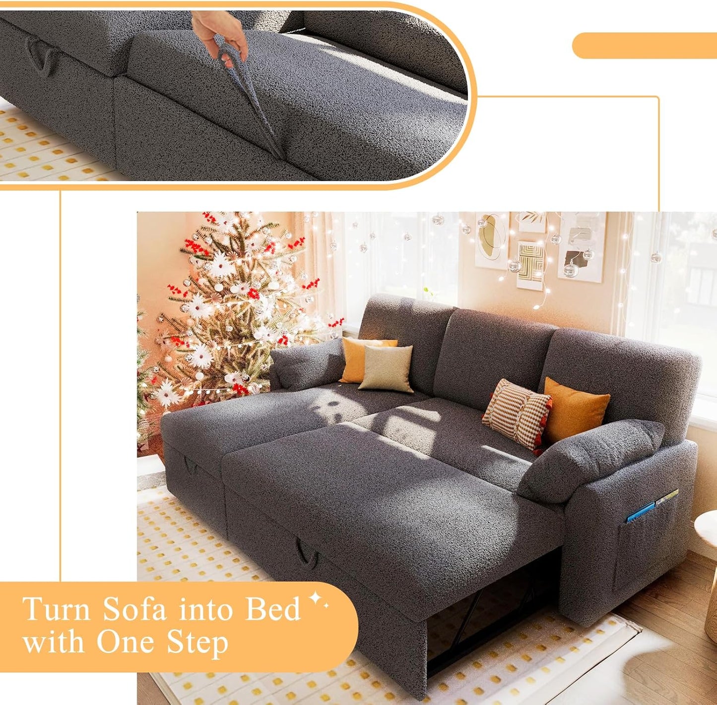 VanAcc Sofa Bed, Sleeper Sofa with Storage Chaise 2 in 1 Pull Out Couch Living Room