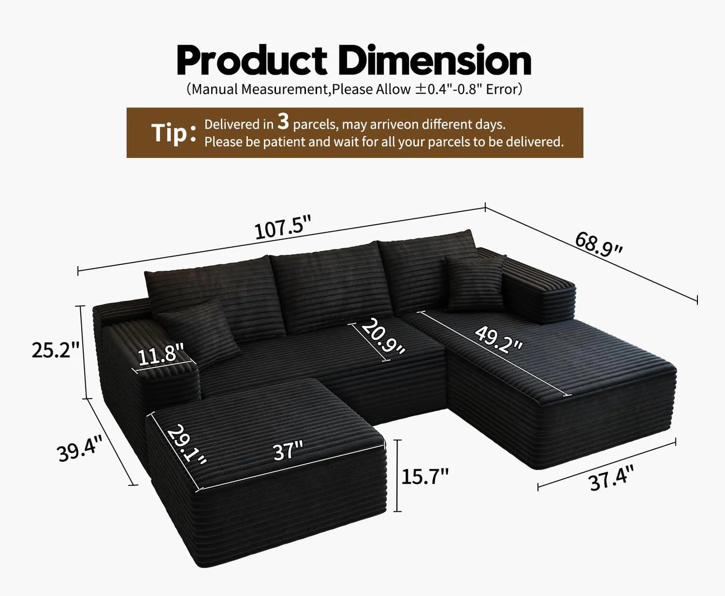 107.5" Cloud Modular Sectional Sofa Couch with L-Shape Chaise,Modern Minimalist Upholstered Couches for Living Room Bedroom,Deep Seat Corner Couch .No Assembly Required (Black,Left Facing Chaise)