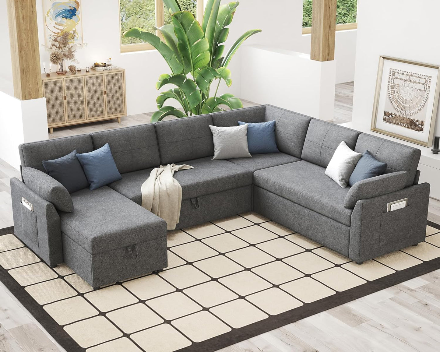 VanAcc Sofa Bed, Sleeper Sofa with Storage Chaise 2 in 1 Pull Out Couch Living Room