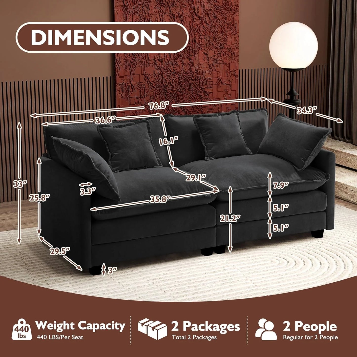 111.4 Inch L-Shaped Modern Sofa Modular Cloud Sofa Ottoman 4-Seater Chenille Deep Seat Sofa