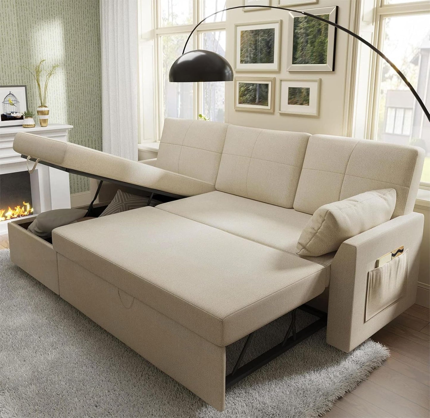 VanAcc Sofa Bed, Sleeper Sofa with Storage Chaise 2 in 1 Pull Out Couch Living Room