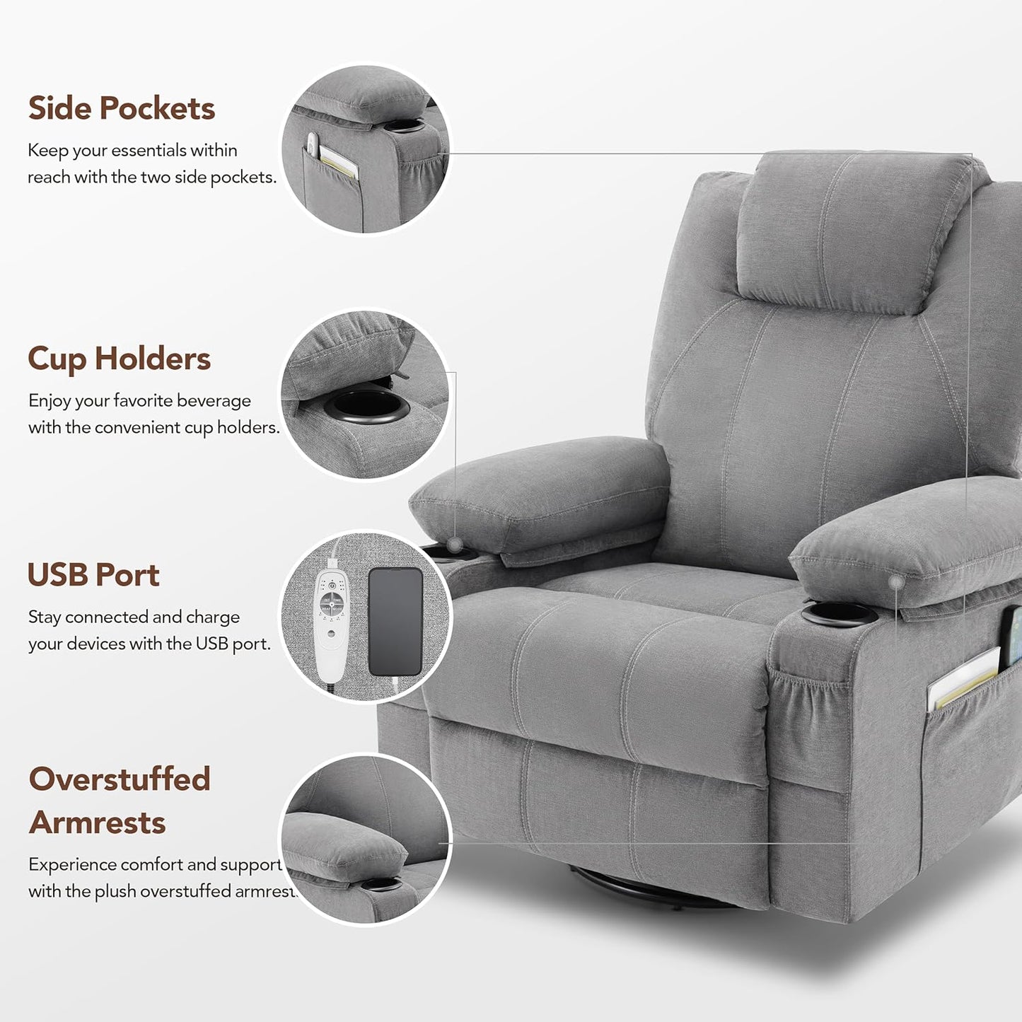 Oversized Swivel Rocker Recliner Chair with Heat and Massage, 360 Degree Swivel Rocking Single Sofa with Cup Holders and USB Port, Large Big Recliner Chair for Living Room (Leather, Brown)