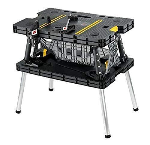 Keter C 197283 Folding Table Work Bench for Miter Saw Stand, Woodworking Tools and Accessories with Included 12 Inch Wood Clamps C Easy Garage Storage Black/Yellow