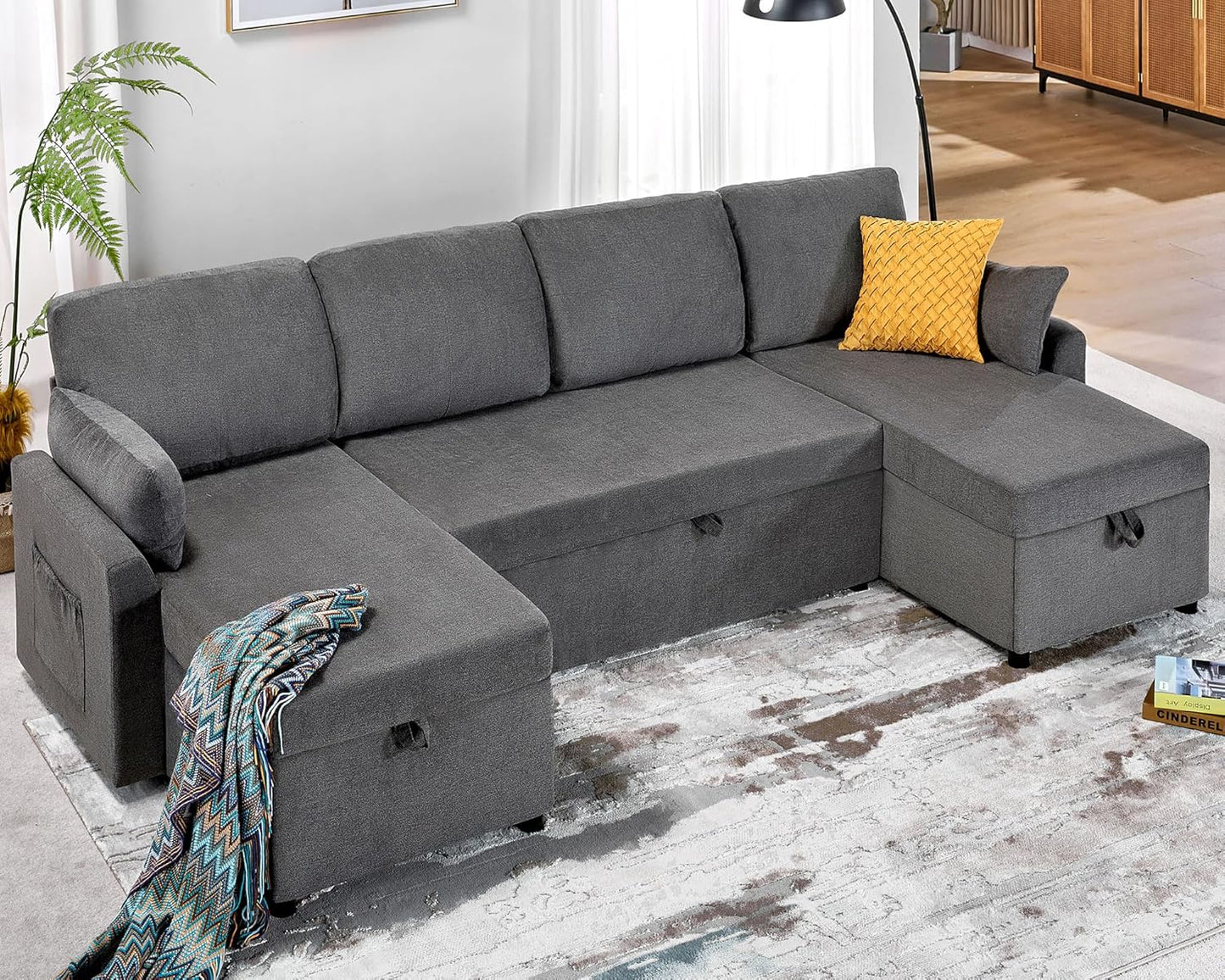 VanAcc Sofa Bed, Sleeper Sofa with Storage Chaise 2 in 1 Pull Out Couch Living Room