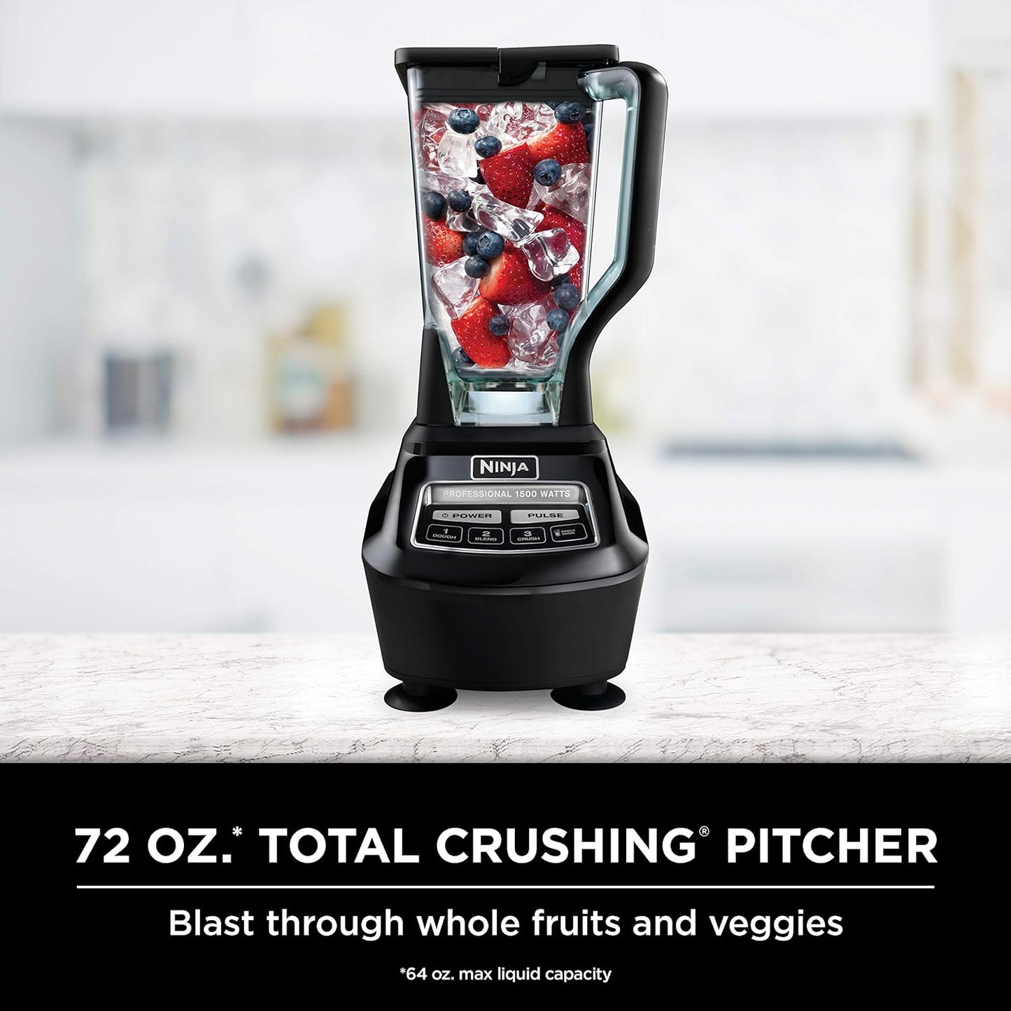 Mega Kitchen System, 1500W, 4 Functions for Smoothies, Processing, Dough, Drinks & More, with 72-oz.* Blender Pitcher, 64-oz. Processor Bowl, (2) 16-oz. To-Go Cups & (2) Lids, Black
