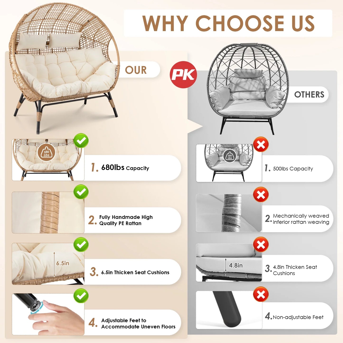RADIATA Double Egg Chair for 2 Person, Oversized Wicker Loveseat with Thick Cushions, 680 lbs Capacity, Indoor Outdoor Stationary Patio Lounge Chair for Balcony, Garden, Beige