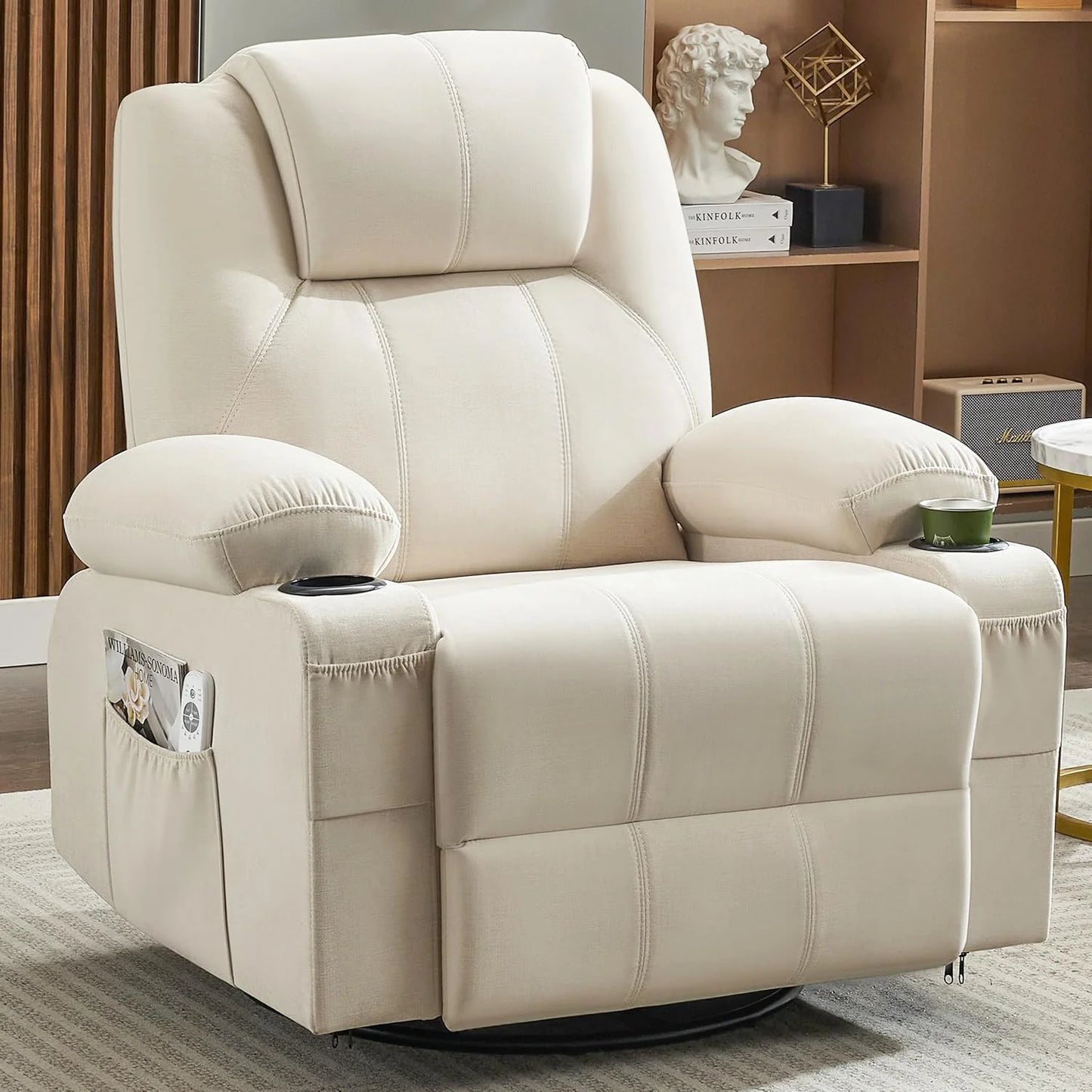 Oversized Swivel Rocker Recliner Chair with Heat and Massage, 360 Degree Swivel Rocking Single Sofa with Cup Holders and USB Port, Large Big Recliner Chair for Living Room (Leather, Brown)