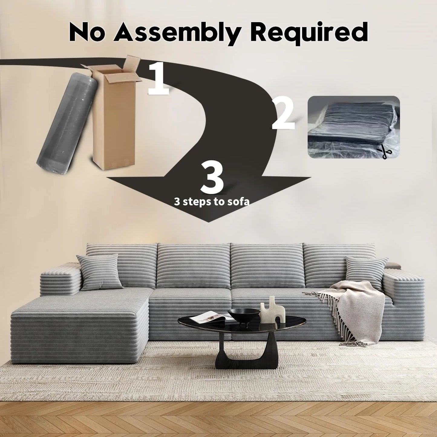 107.5" Cloud Modular Sectional Sofa Couch with L-Shape Chaise,Modern Minimalist Upholstered Couches for Living Room Bedroom,Deep Seat Corner Couch .No Assembly Required (Black,Left Facing Chaise)
