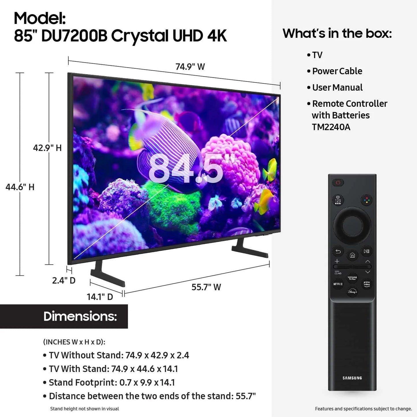 Samsung 85 Crystal UHD 4K Smart TV DU7200B with PurColor, HDR and Tizen OS C 2024 Model