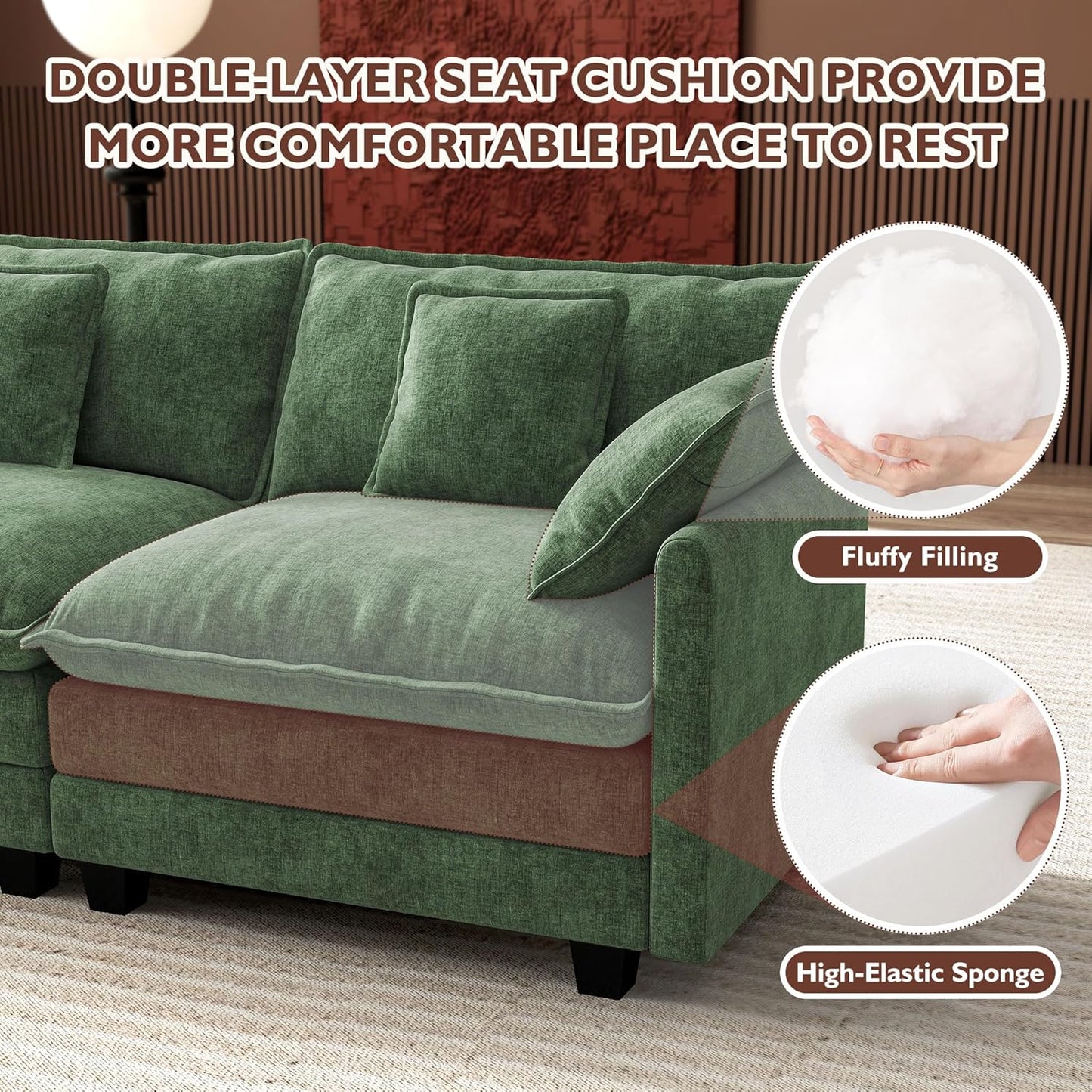 Ihanherry 146" U-Shaped Modern Sofa Modular Sectional Cloud Couch with 2 Ottoman, 6-Seat Chenille Deep Seat Sofa with 6 Pillows for Living Room, Bedroom and Apartment, Grey