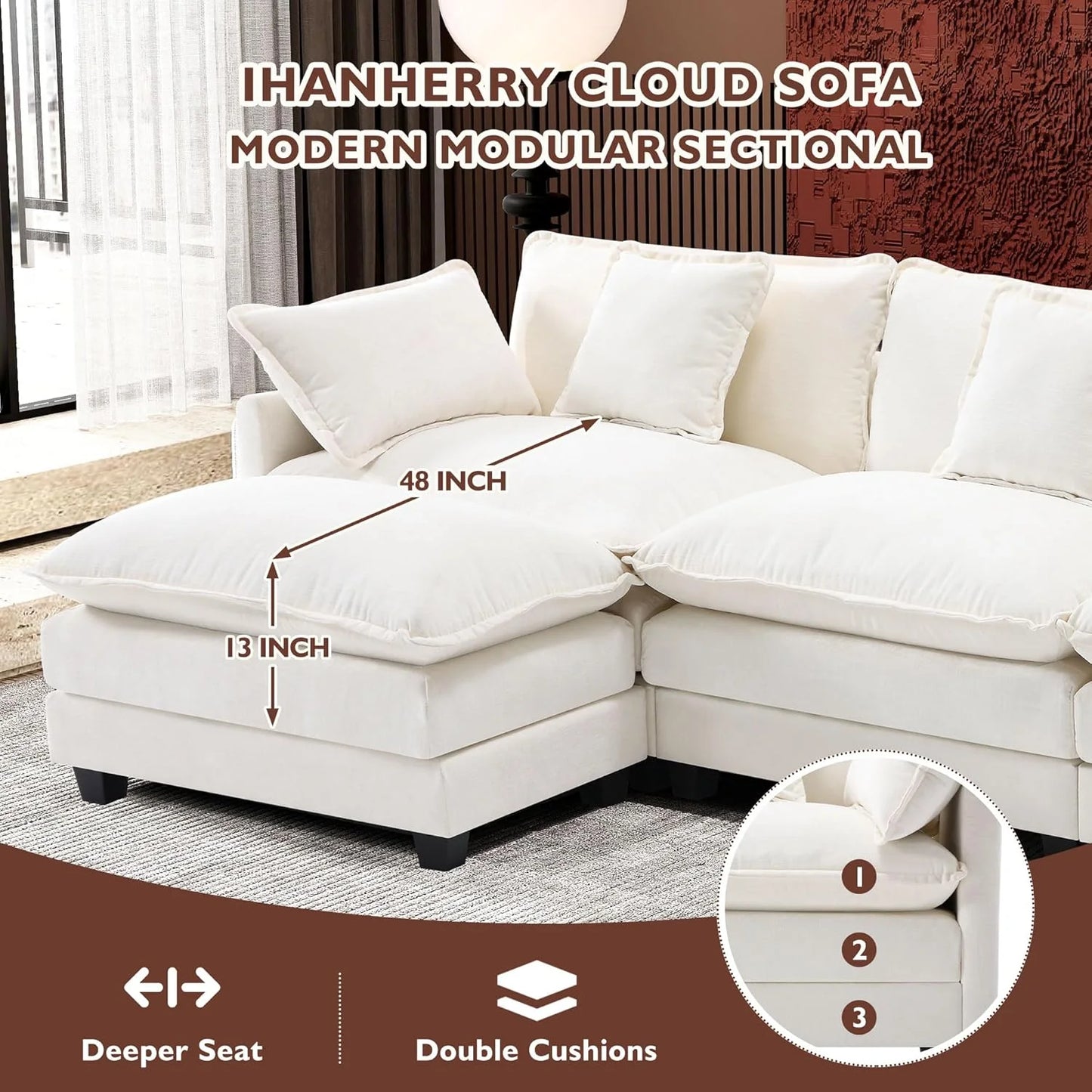 Ihanherry 146" U-Shaped Modern Sofa Modular Sectional Cloud Couch with 2 Ottoman, 6-Seat Chenille Deep Seat Sofa with 6 Pillows for Living Room, Bedroom and Apartment, Grey