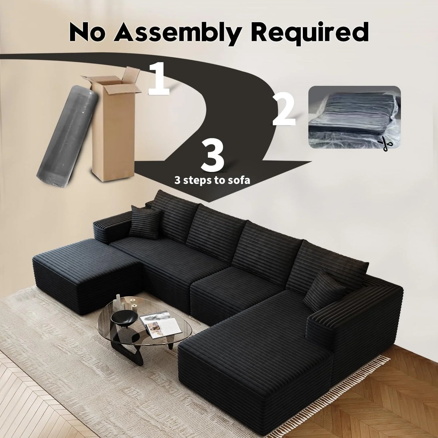 107.5" Cloud Modular Sectional Sofa Couch with L-Shape Chaise,Modern Minimalist Upholstered Couches for Living Room Bedroom,Deep Seat Corner Couch .No Assembly Required (Black,Left Facing Chaise)