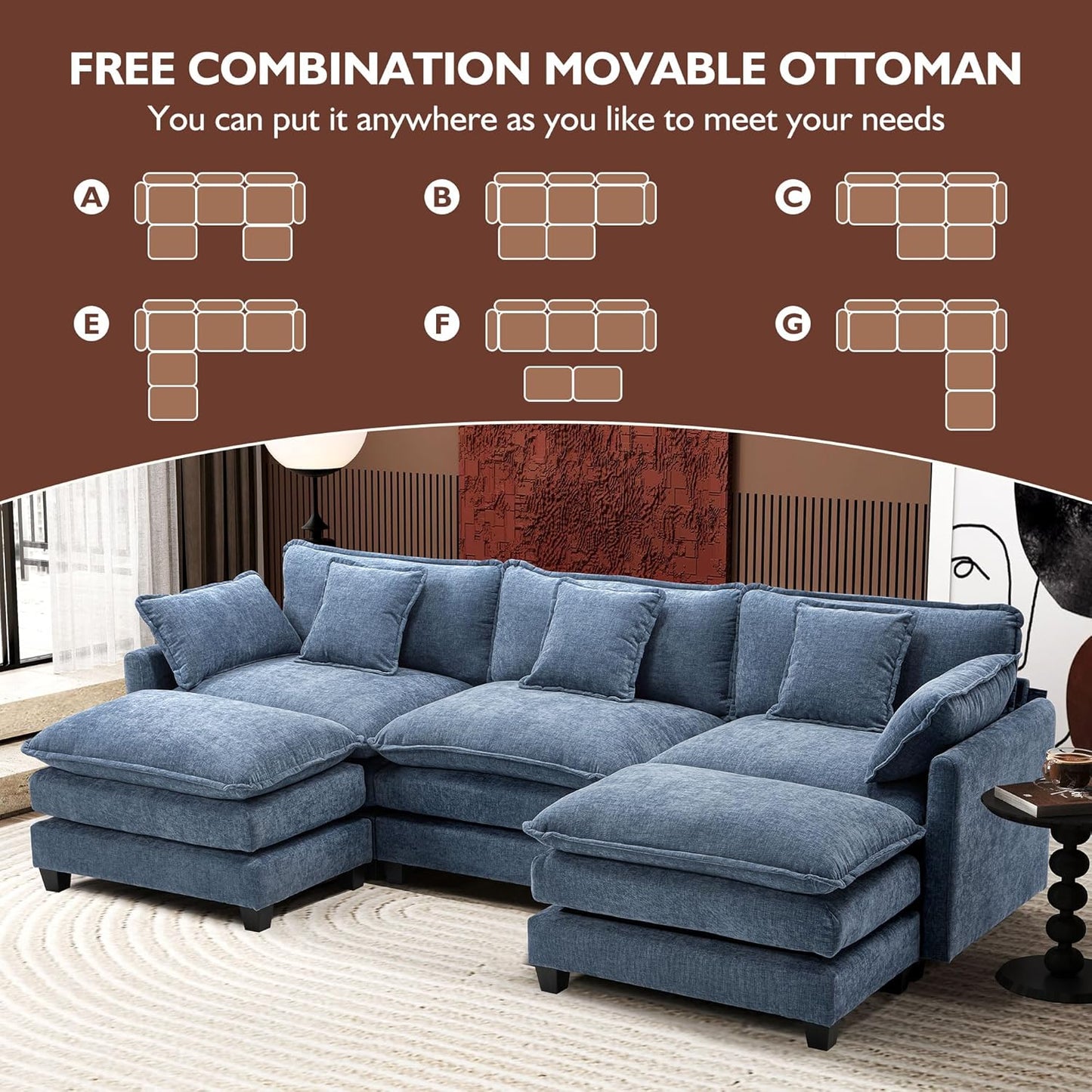 Ihanherry 146" U-Shaped Modern Sofa Modular Sectional Cloud Couch with 2 Ottoman, 6-Seat Chenille Deep Seat Sofa with 6 Pillows for Living Room, Bedroom and Apartment, Grey