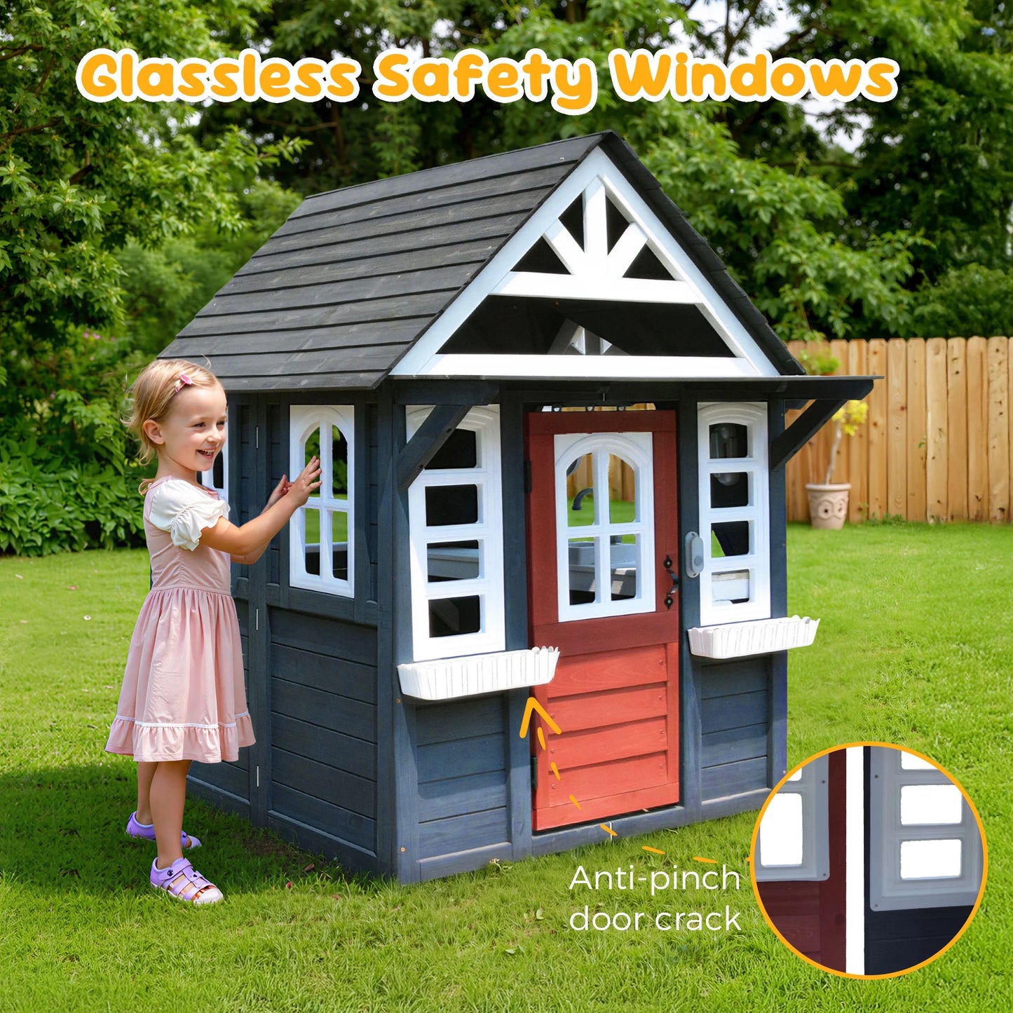 COCLUB Outdoor Playhouse for Kids Ages 4-8, Wooden Play House with Doorbell, Phone, Kitchen Toys, Outdoor Kids Play Equipment, Casa Para Ni?as (45L x 65H), White & Black