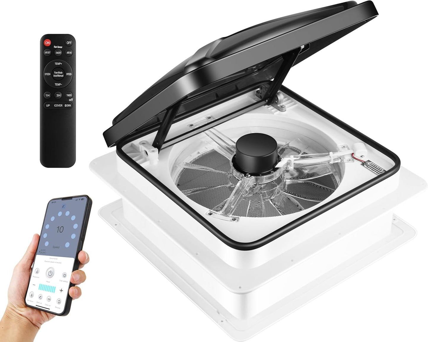 MaxxAir 10 Speed Roof Vent Fan 12V with Thermostat, Rain Sensor, Remote &amp; App Control, 14&prime;&prime;x14&prime;&prime; Reversible Powered Lift