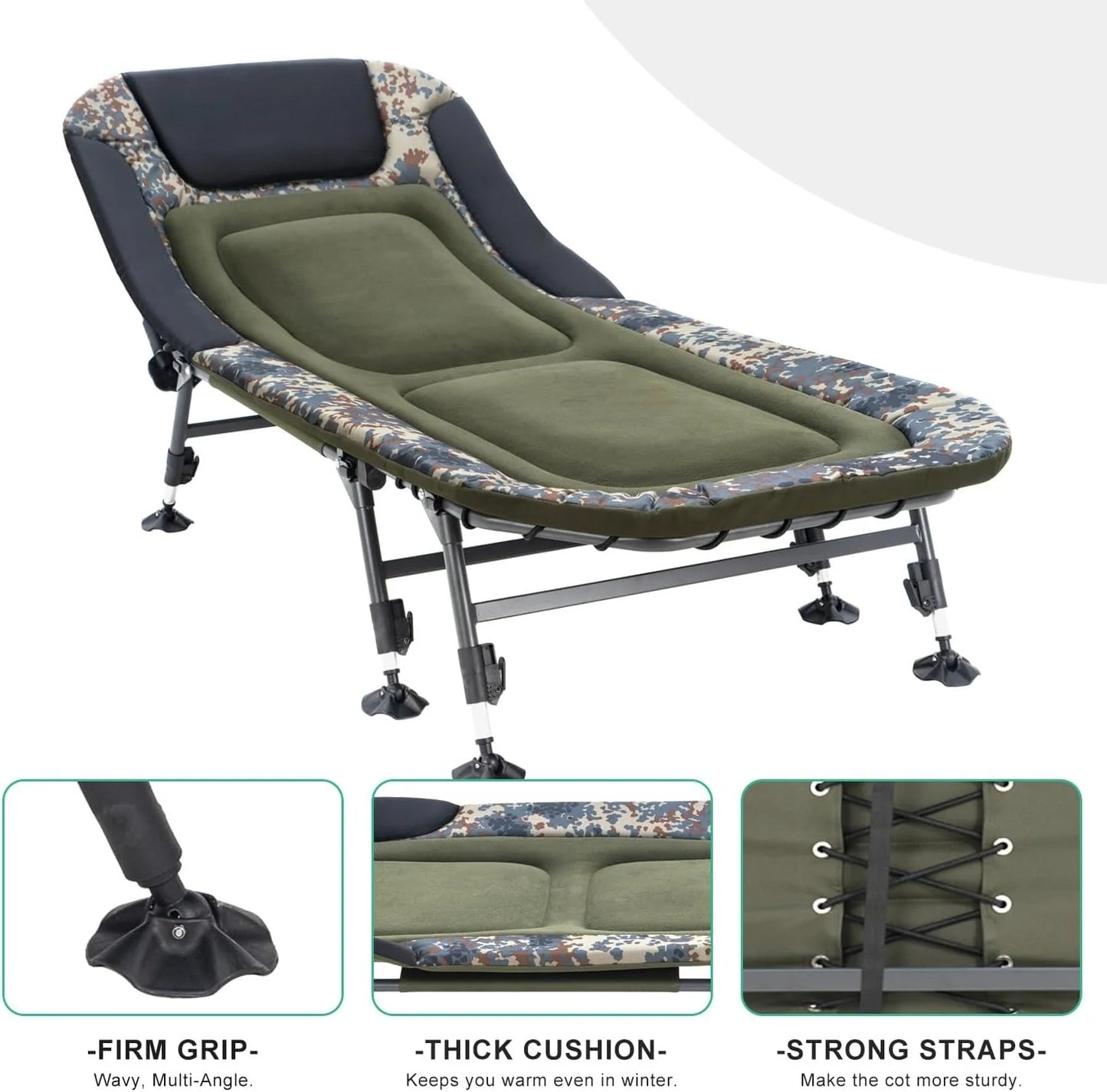 Camping Cots for Adults 330Lbs with Carry Bag, Heavy Duty Folding Bed with Soft Padded Cushion, Portable Military Cot for Hunting, 180 Adjustable Reclining Outdoor Lounger
