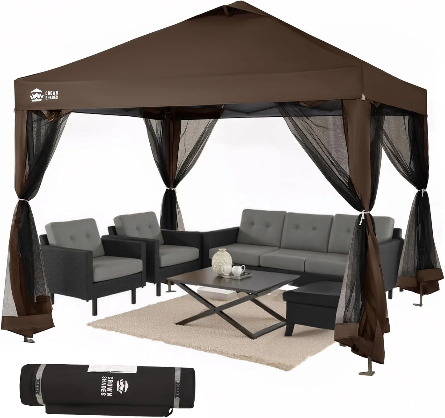 CROWN SHADES 13x13 Pop Up Gazebo, Canopy Tent, Gazebos on Clearance - Outdoor Gazebo for Backyard & Patio Furniture - Carpa Pop Up Tent with Wheeled STO-N-Go Cover Bag (Beige & Coffee)