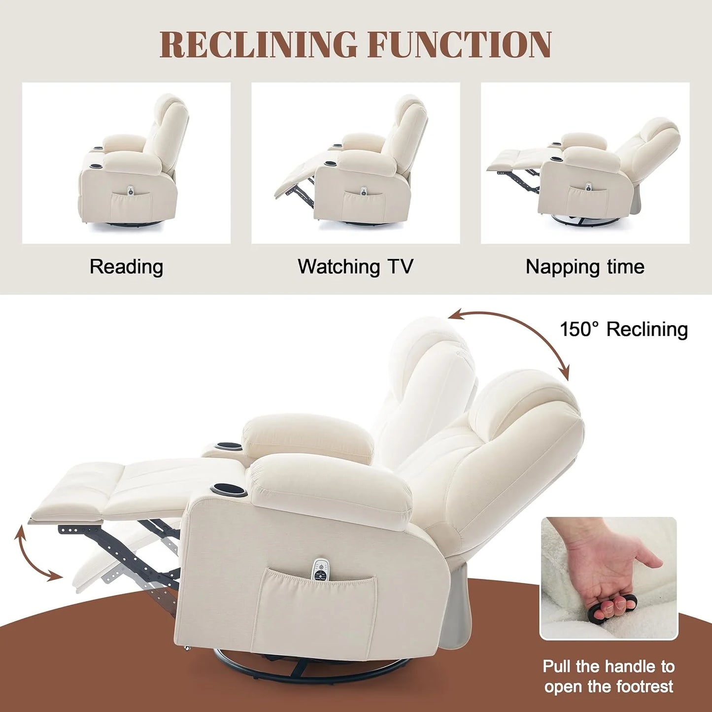 Oversized Swivel Rocker Recliner Chair with Heat and Massage, 360 Degree Swivel Rocking Single Sofa with Cup Holders and USB Port, Large Big Recliner Chair for Living Room (Leather, Brown)