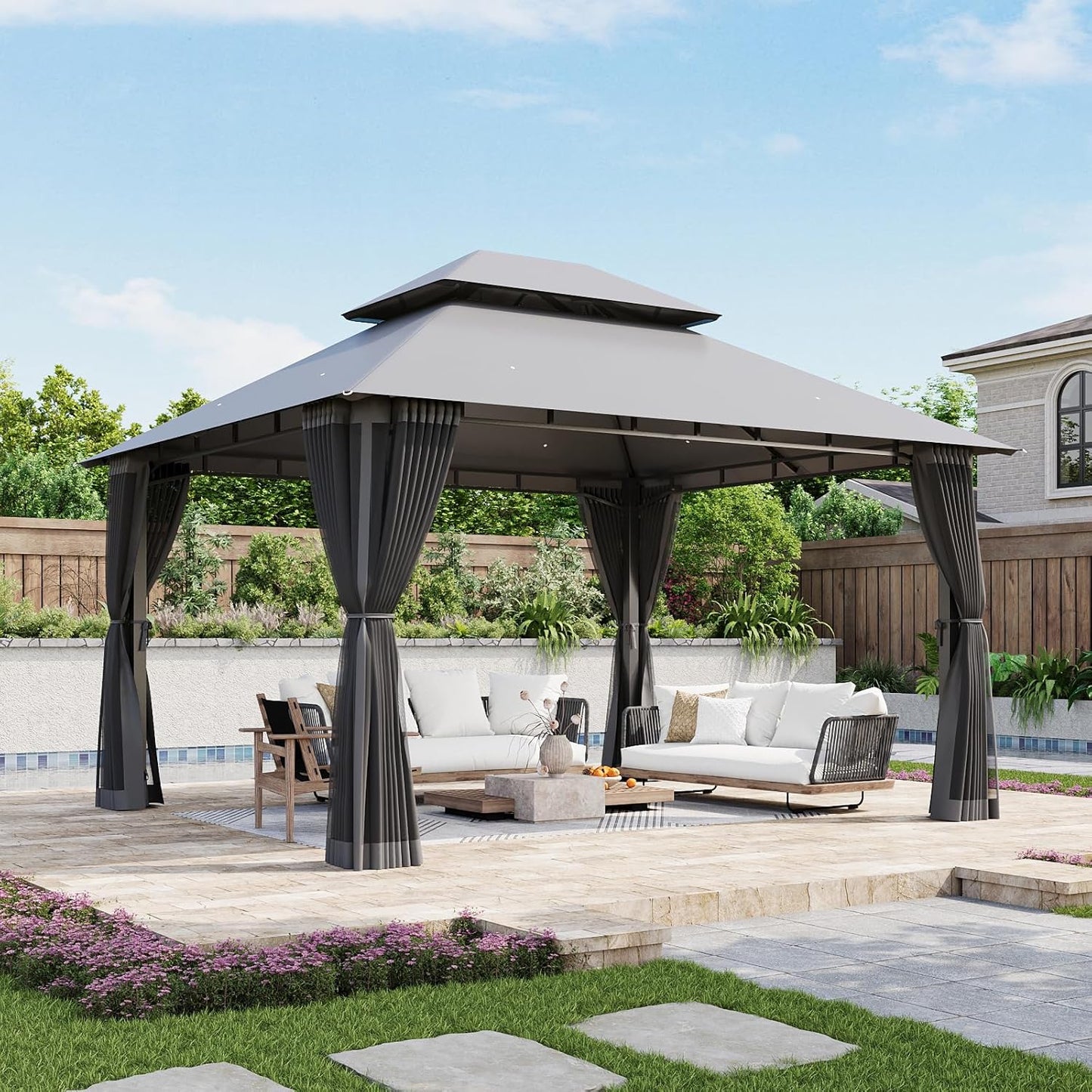 Aoxun Outdoor Gazebo for Patio 10x12, Metal Frame Canopy with Double Roofs, Heavy Duty Party Tent and Shelter with Mosquito Netting and Privacy Screen for Backyard, Lawn, Garden, Deck