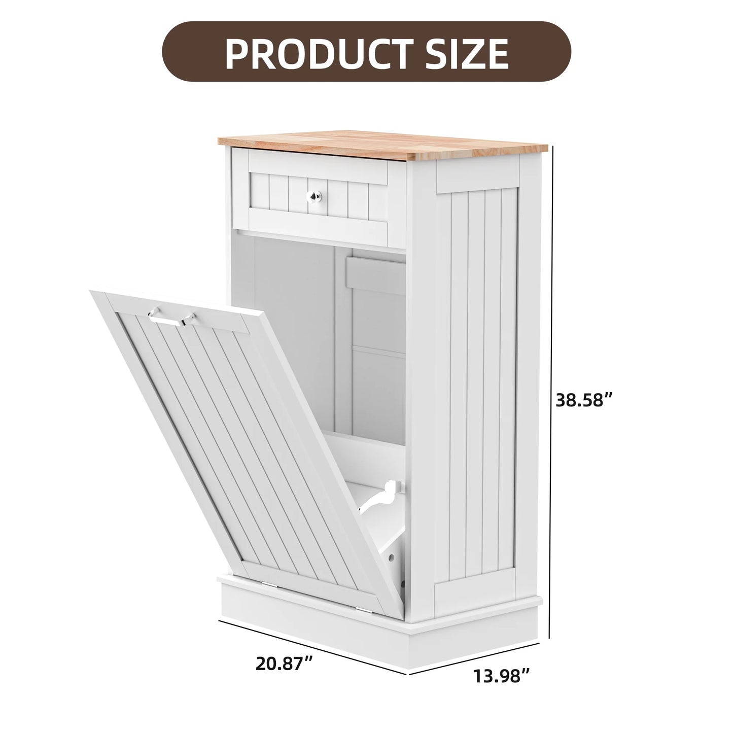 HARIPUL Single Tilt Out Trash Cabinet for 13 Gallon Waste Bin, Free Standing Kitchen Trash Can Cabinet with Drawers, White
