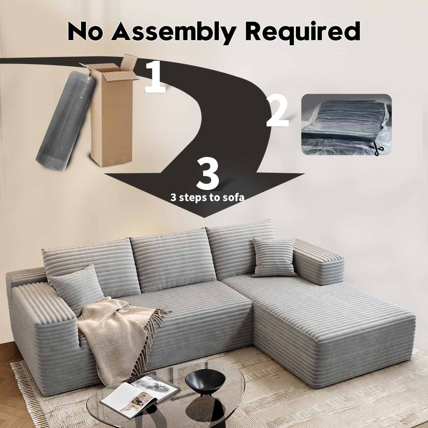 107.5" Cloud Modular Sectional Sofa Couch with L-Shape Chaise,Modern Minimalist Upholstered Couches for Living Room Bedroom,Deep Seat Corner Couch .No Assembly Required (Black,Left Facing Chaise)