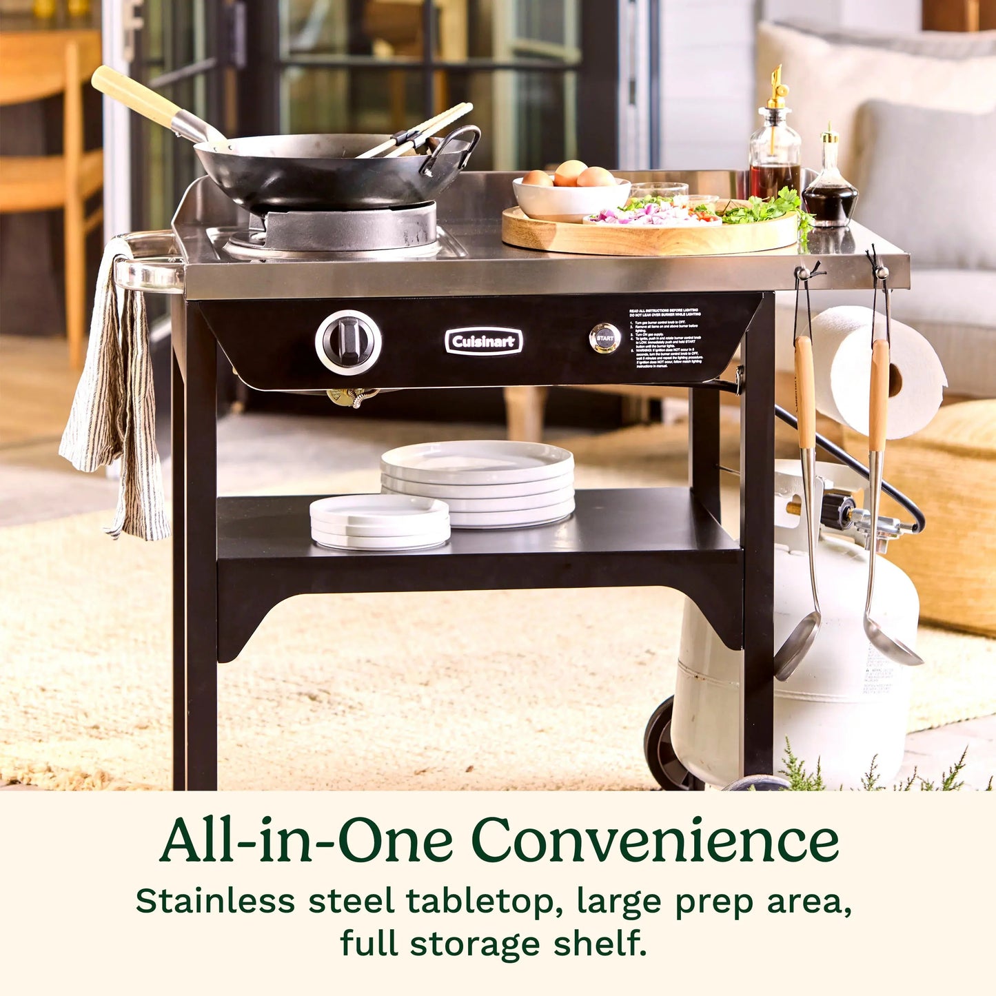 Cuisinart Outdoor Wok Station, 50,000 BTU Propane Outdoor Wok Burner w Prep Table, 14测 Carbon Steel Wok for Stir Fry, Searing, BBQ Black