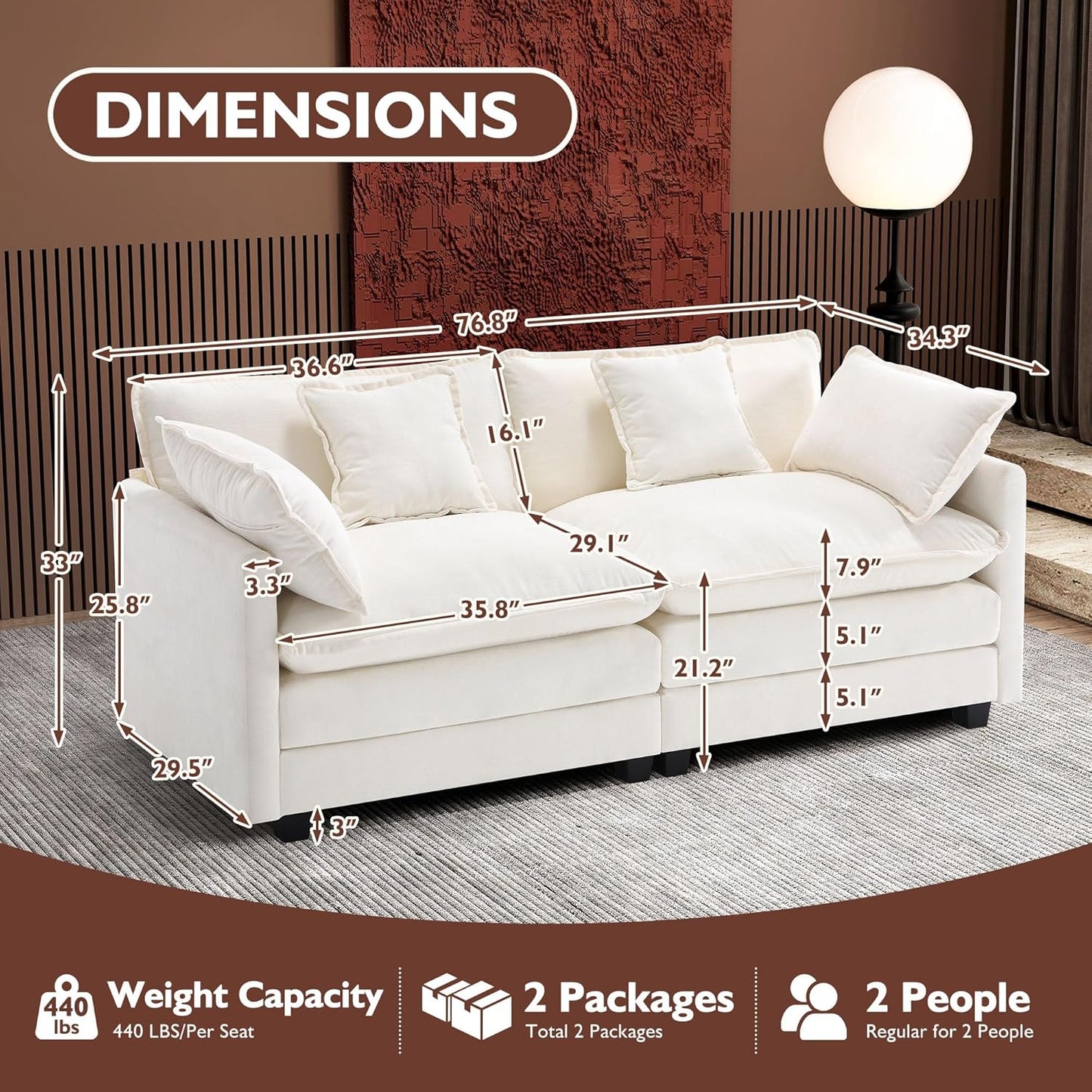Ihanherry 146" U-Shaped Modern Sofa Modular Sectional Cloud Couch with 2 Ottoman, 6-Seat Chenille Deep Seat Sofa with 6 Pillows for Living Room, Bedroom and Apartment, Grey