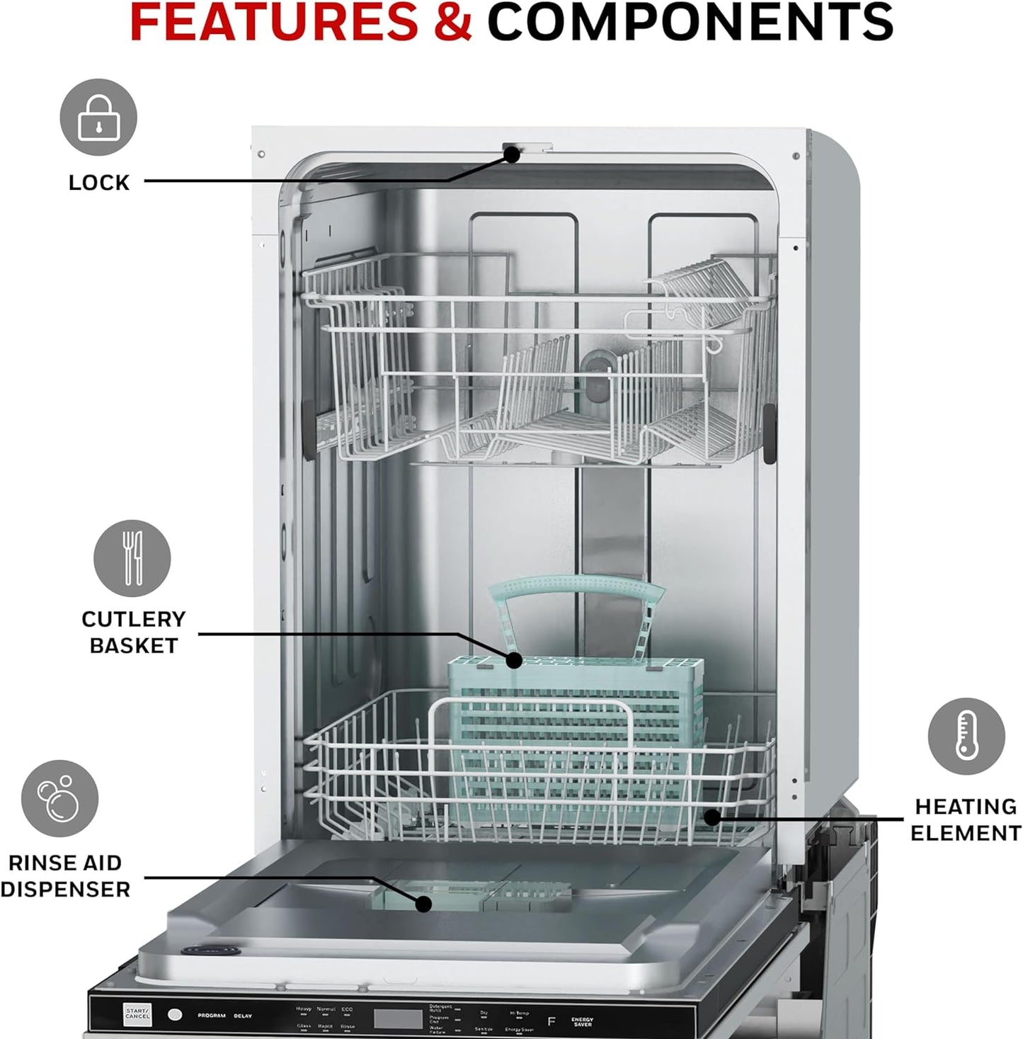 Honeywell 18 Inch Dishwasher with 8 Place settings, 6 Washing Programs, Stainless Steel Tub, UL/Energy Star  Stainless Steel