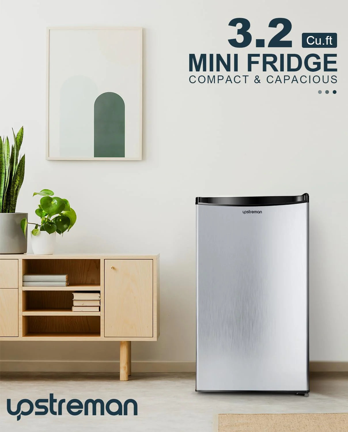 Upstreman 3.2 Cu.Ft Mini Fridge with Freezer, Single Door Mini Fridge, Dorm Fridge, Adjustable Thermostat, Mini Refrigerator for Bedroom, Office, Dorm, Black-BR321