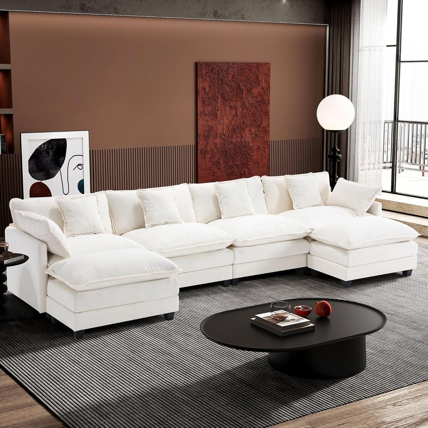Ihanherry 146" U-Shaped Modern Sofa Modular Sectional Cloud Couch with 2 Ottoman, 6-Seat Chenille Deep Seat Sofa with 6 Pillows for Living Room, Bedroom and Apartment, Grey