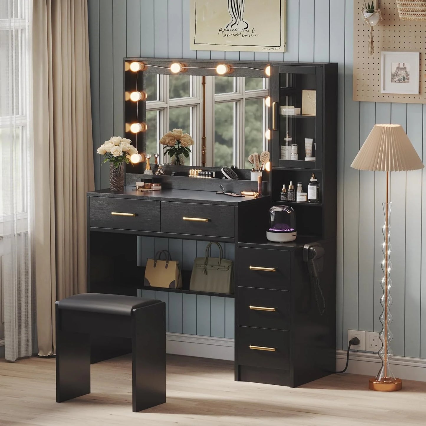 Black Vanity Desk with Mirror, Lights & Charging Station, 58.3" 3 Lighting Modes