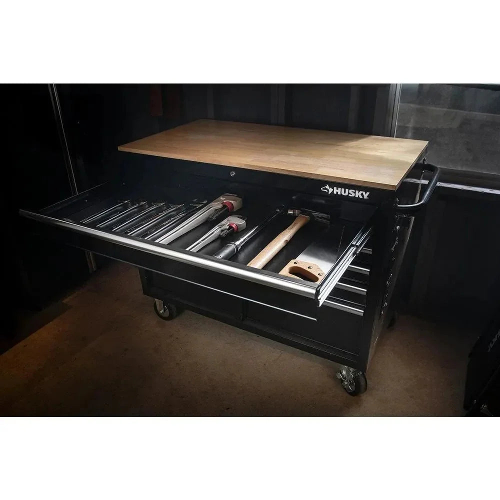 Mobile workbench with 9 drawers, hardwood top and power connection, 117 cm W x 62 cm D C high-gloss black