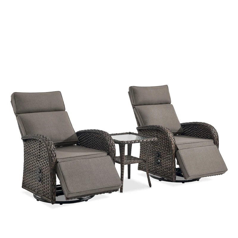 Pocassy 3PCS Versatile Outdoor Recliner Chair with Side Table Grey Cushion