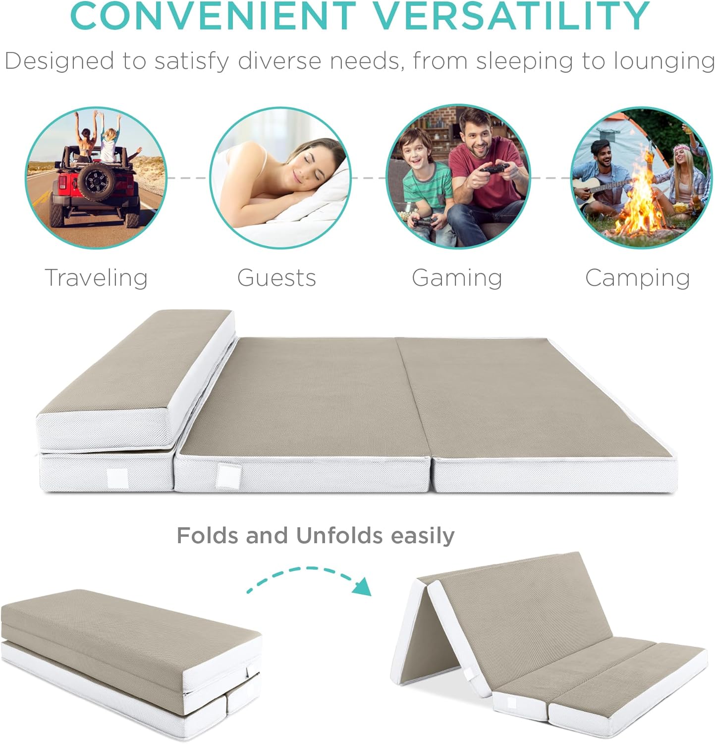 Best Choice Products 4in Portable Queen-Size Mattress, Tri-Fold Mattress for Camping, Guest, Toddler, Foam Plush w/Carry Case - Grey