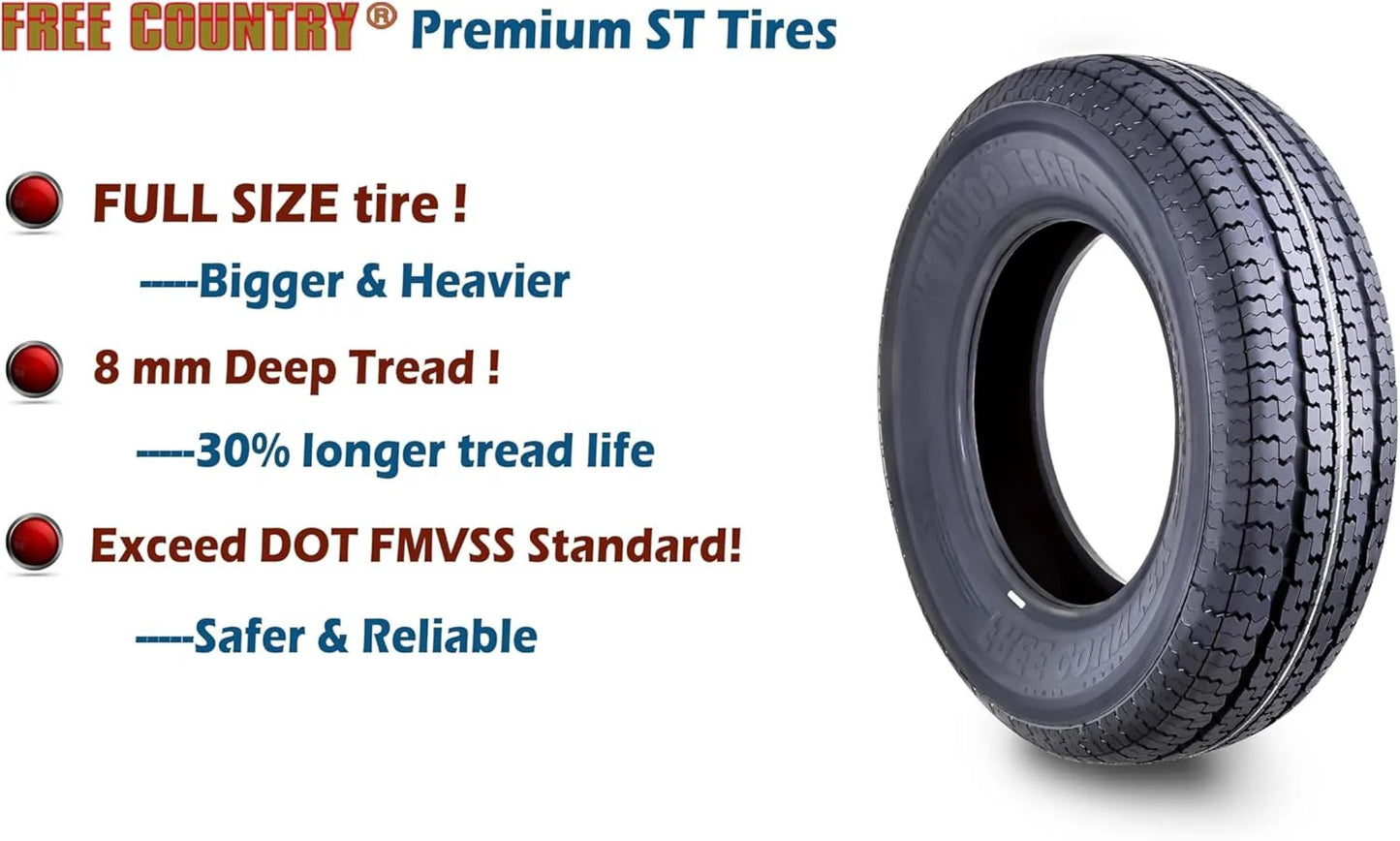 Set of 4 heavy-duty trailer tires ST205/75R15 205 75 15 10-ply, load class E, steel-belted radial tires with abrasion protection