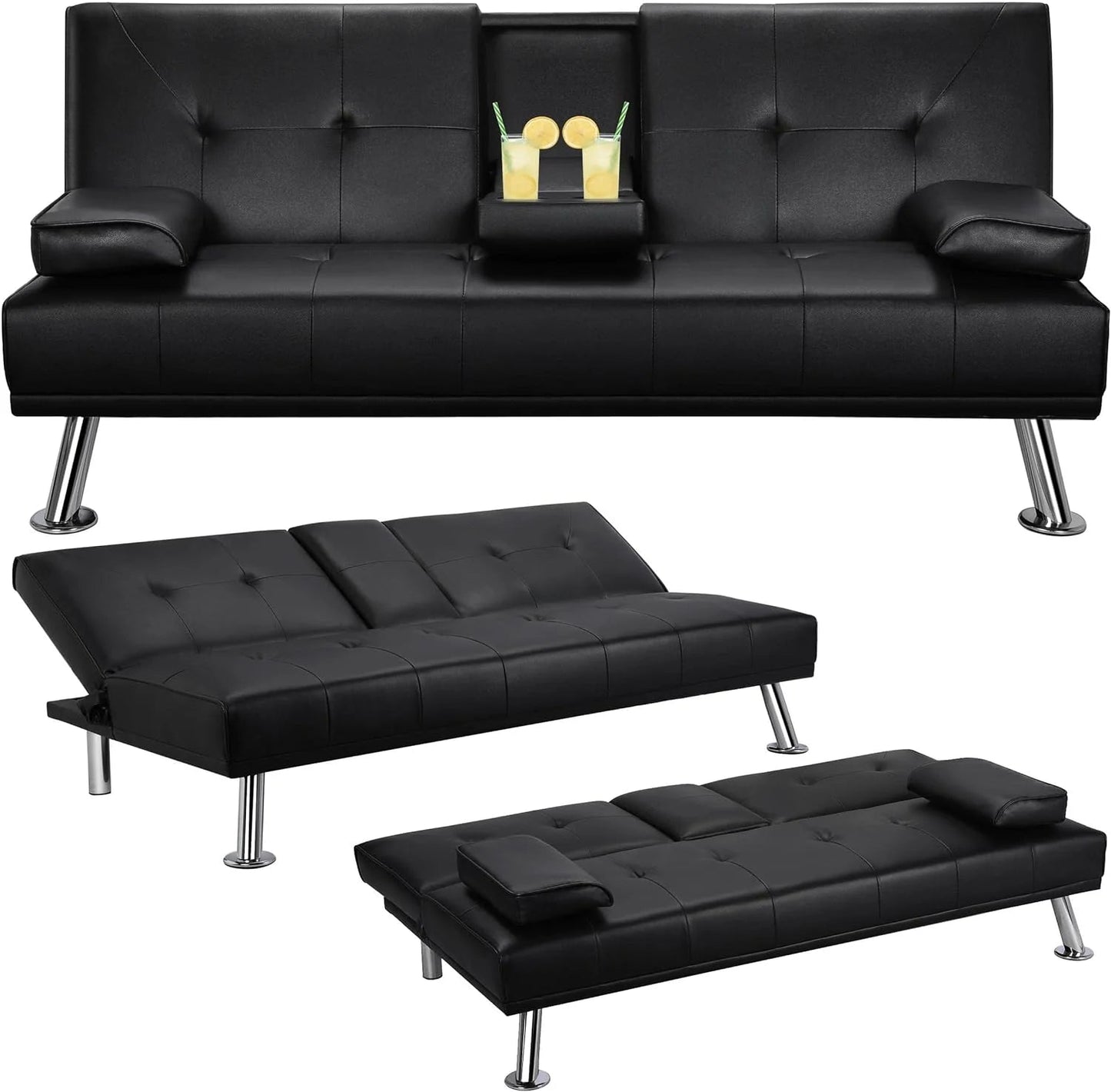 Yaheetech Convertible Sofa Bed Adjustable Couch Sleeper Modern Faux Leather Home Recliner Reversible Loveseat Folding Daybed Guest Bed, Removable Armrests, Cup Holders, 3 Angles, 772lb Capacity, Black