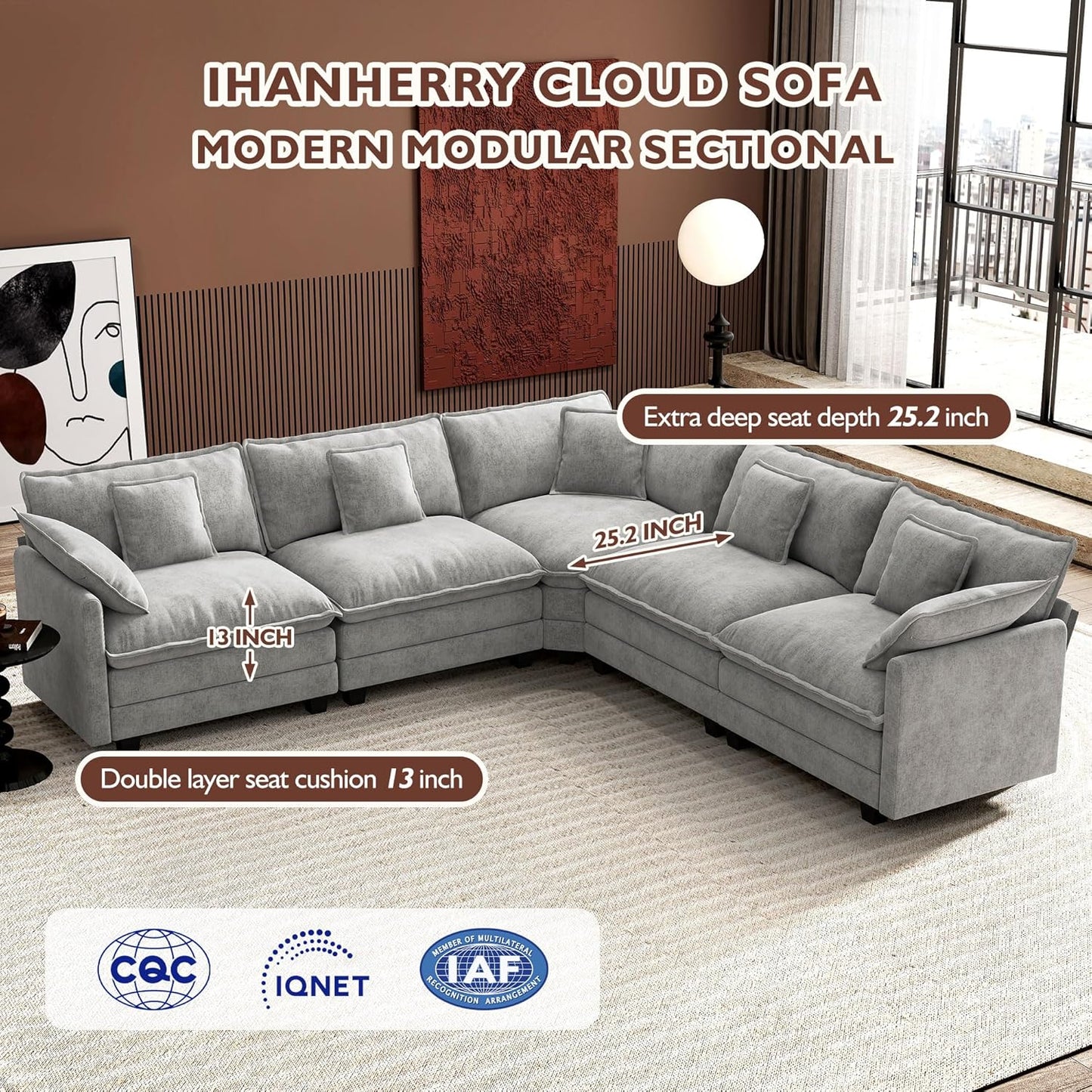 Ihanherry 146" U-Shaped Modern Sofa Modular Sectional Cloud Couch with 2 Ottoman, 6-Seat Chenille Deep Seat Sofa with 6 Pillows for Living Room, Bedroom and Apartment, Grey